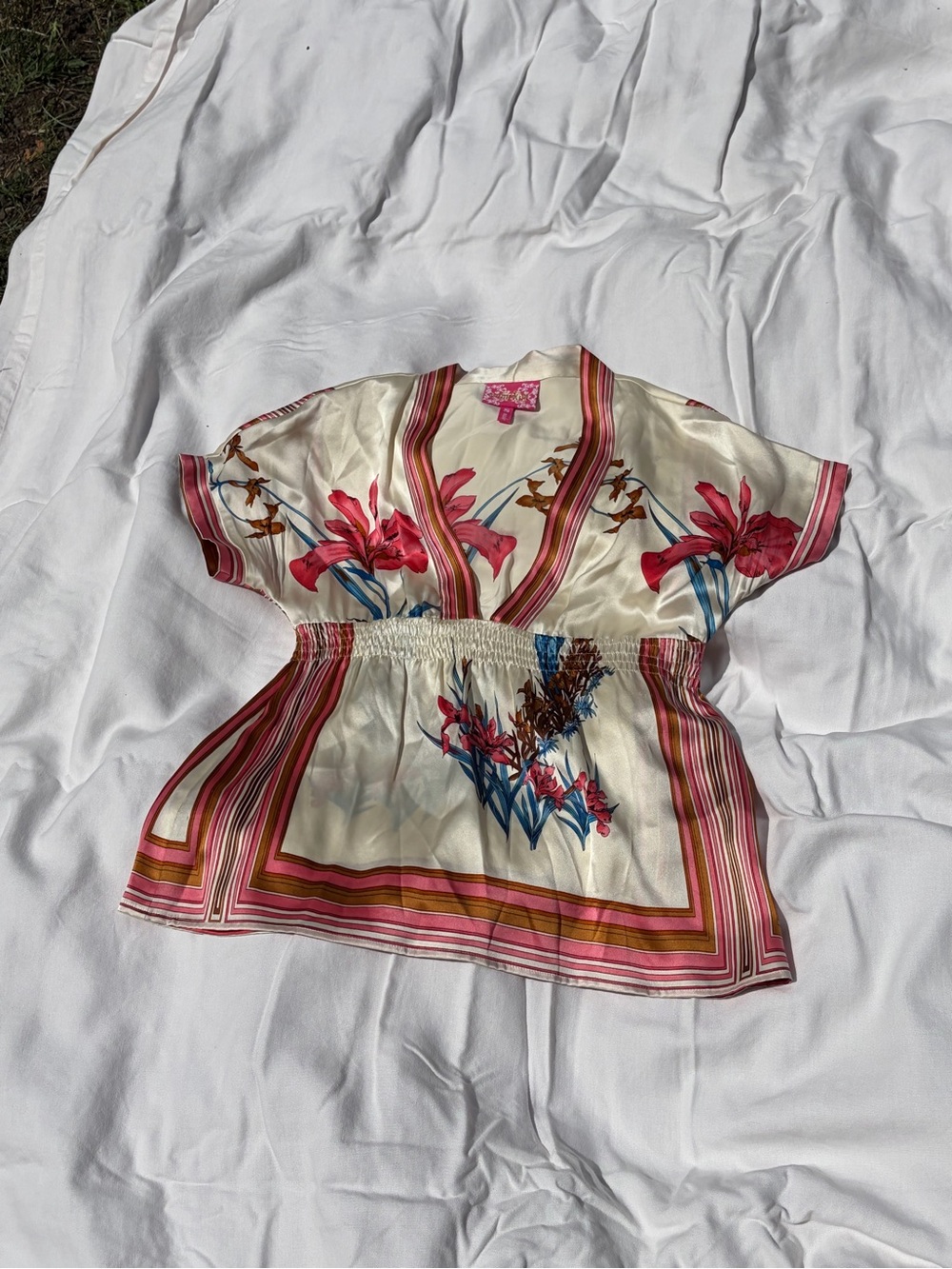Vintage Silk Cream Floral V-Neck Tunic with Floral Details